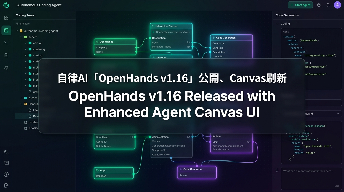 自律AI「OpenHands v1.16」公開、Canvas刷新